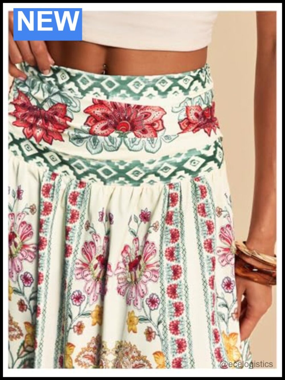 Boho Floral Maxi Skirt High Waisted Ruffle A Line Beach Vacation Resort Wear - Picture 3 of 4